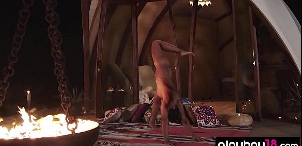 Flexible MILF yoga instructors Daniella Smith nude workout at night outdoor